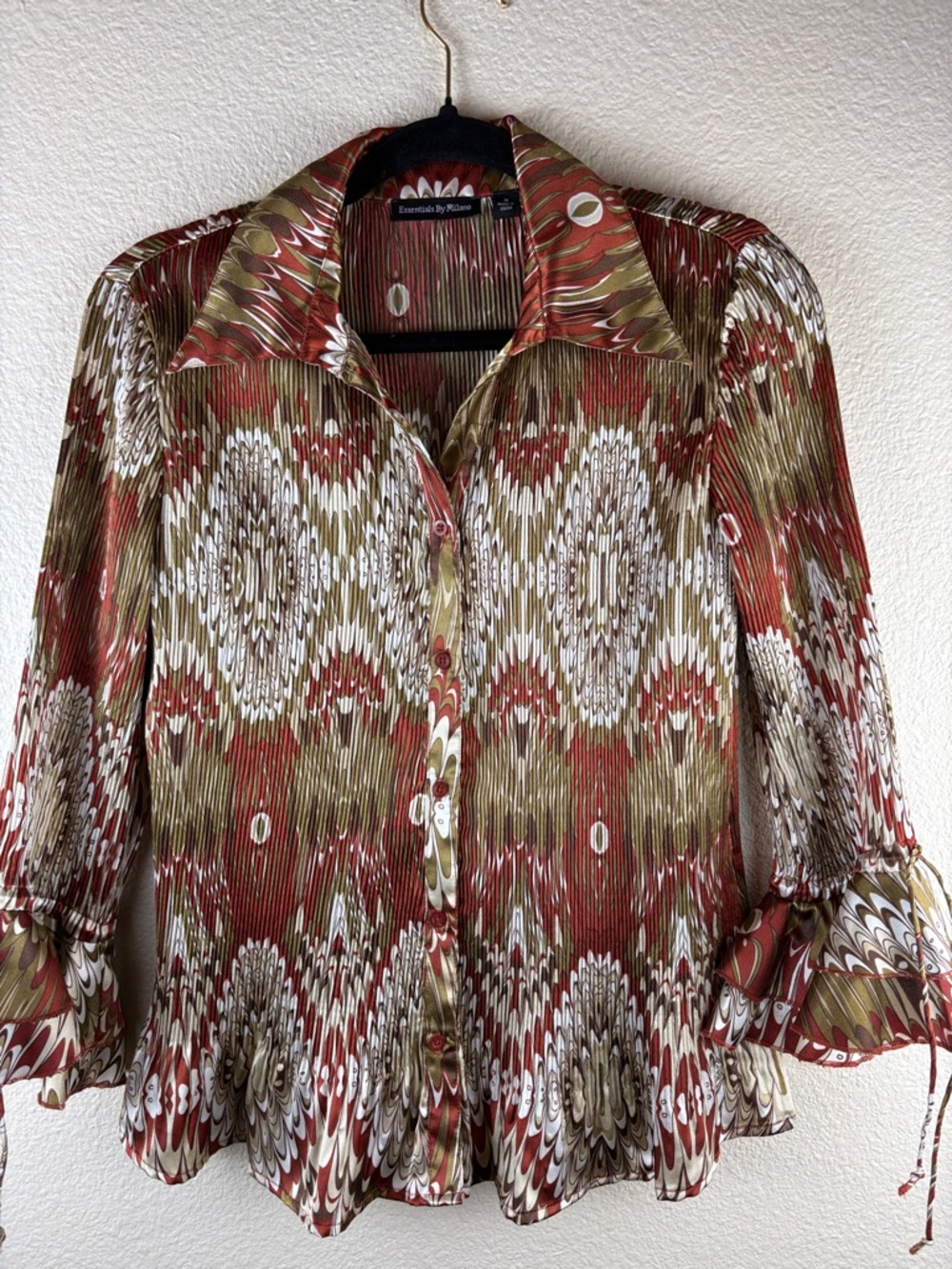 Essentials By Milano Green Rust Geometric Plissé Pleated Bell Sleeve Y2K Top M